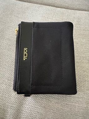 Tumi Black Nylon Zip Card Wallet with Gold Accents